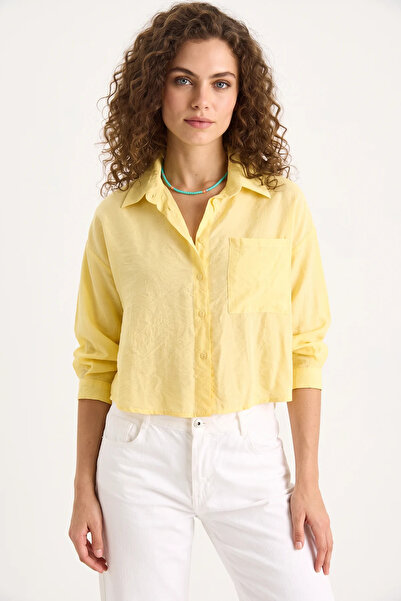 Efnaz style Women's Half Sleeve Single Pocket Detailed Yellow Shirt