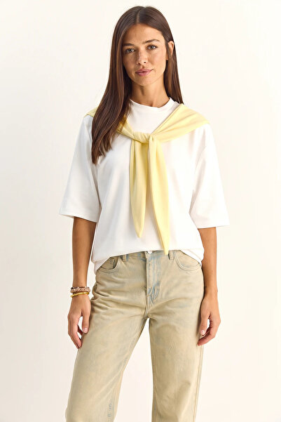 Şeker Portakalım Women's Oversize Basic White Yellow T-Shirt with Shawl Detail