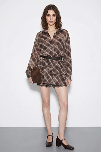 Generic Brand Women's Plaid Patterned Oversized Shirt with Lace Detail and Be...