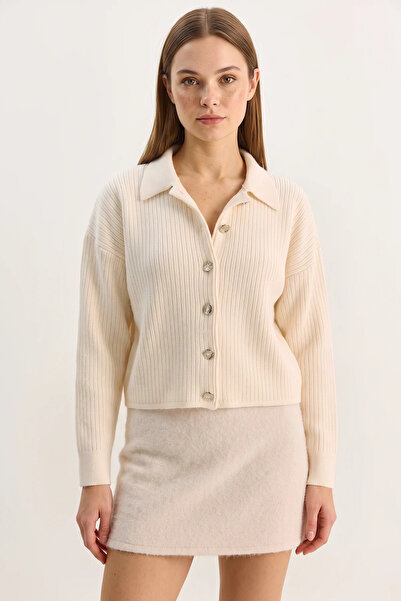Efnaz style Women's Shirt Collar Button Detailed Knitted Knitwear Cream Cardigan
