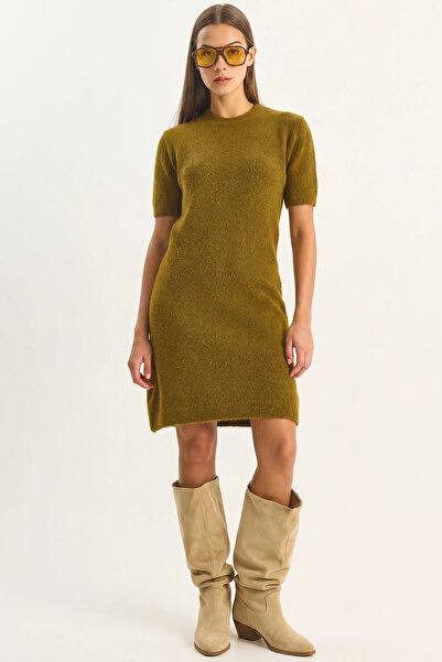 Efnaz style Women's Crew Neck Short Sleeve Soft Textured Knitwear Fat Green D...