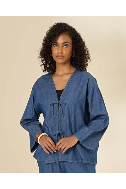 REDTAG Women Blue Plain Kimono Blouse with Tie Details