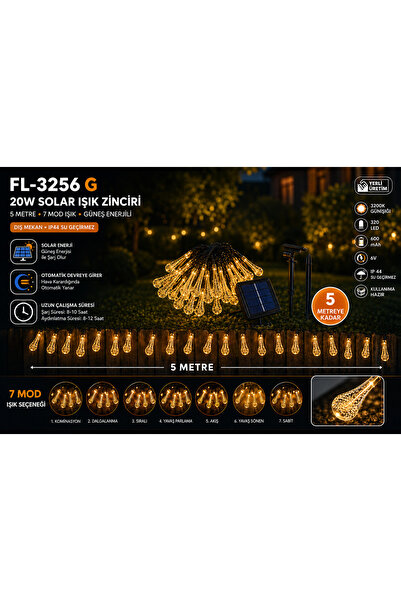 kialed 20W Solar Dekoratif Işık Zinciri 5 Metre 320 LED 7 Mod Günışığı IP44 Bahçe Aydınlatma