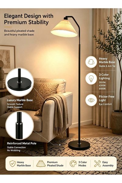sharpdo Modern LED Floor Lamp 3 Color Dimming Standing Lamp With Pleated Lampshade Adjustable Reading Floor Light for Living Room Bedroom 150x39cm