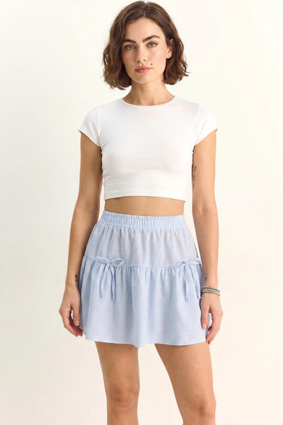 Generic Brand Women's Elastic Waist Bow Detailed Striped Cotton Mini White Bl...