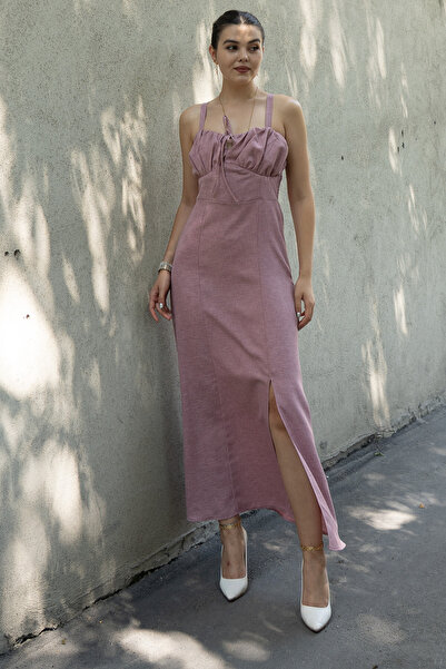 MissVina Γυναικείο μακρύ φόρεμα Dusty Rose με κορδόνι στο στήθος, σκίσιμο μπρ...