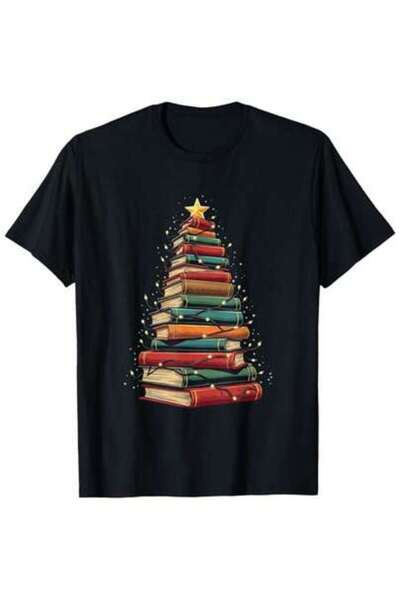 k222 Book Christmas Tree Graphic T Shirt Cotton Short Sleeve Tee For Holiday ...