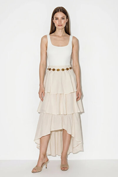 Efnaz style Women's Layered Asymmetrical Midi Cream Skirt with Volan Detail