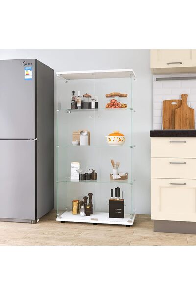 MODERN 64.5'' Glass Display 4-Shelf Cabinet in Clear with Two Door, White Curio Cabinet Case Collection Display Case, Floor Standing Bookshelf for Living Room Bedroom Home Office (White)