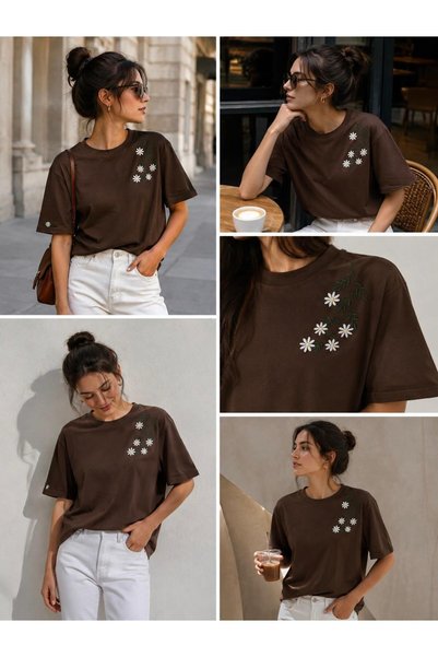 yubistitch Women's Shoulder Floral Embroidered Lycra Combed Cotton Short Sleeve T-Shirt