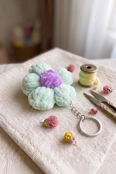 Lorivelle Handmade Puff Flower Bag Charm - Plush Keychain with Silver Chain