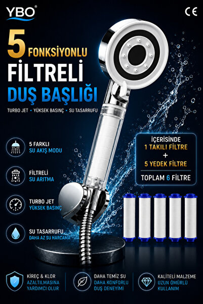 YBO Filtreli Duş Başlığı 5 Fonksiyonlu Su Arıtmalı, Yüksek Basınçlı Kireç Klo...