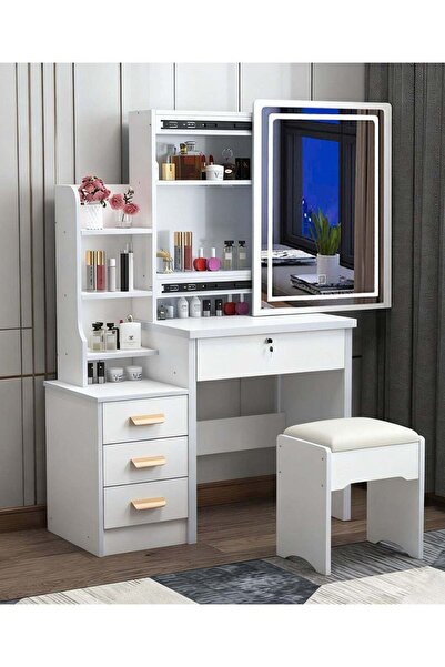 Generic Makeup Vanity Desk with Mirror & Lights, Vanity Table and Chair Set w...
