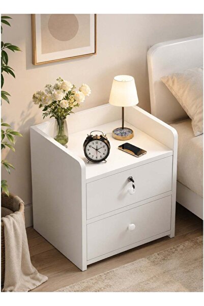 NKX Bedside Table with Locker | 2 Drawer Wooden Nightstand with Storage | Whi...