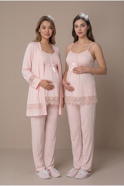Pelin Women's Powder Buttoned Lace Detailed Nursing Pajama Set with Dressing ...