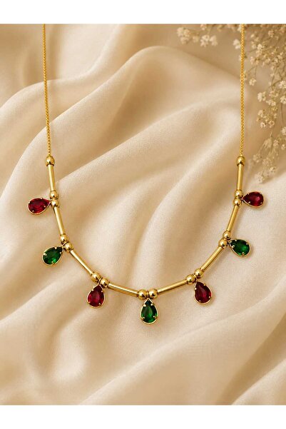 Generic Ruby Emerald Dewdrop Gold-Tone Necklace