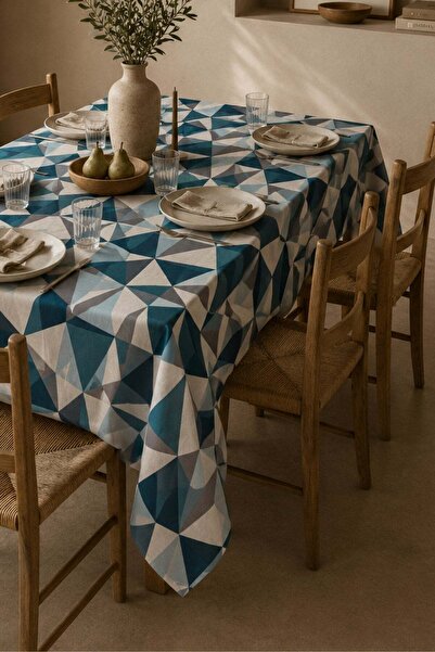vivamaison Duck Fabric Tablecloth Geometric Pattern Blue Dining Table Cover
