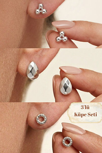 Elika Silver Silver Color Modern Themed Minimal 3-Piece Earring Set