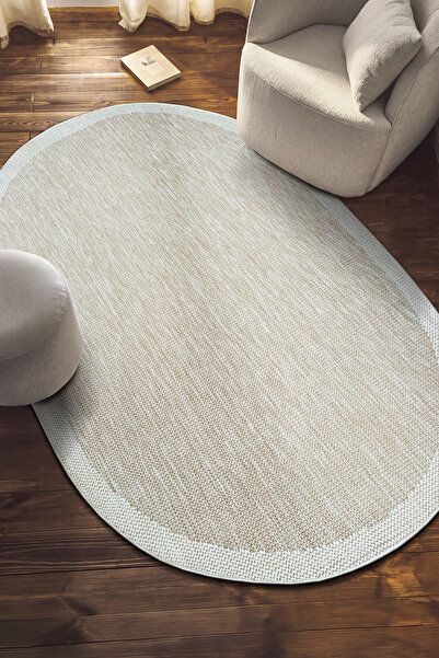 SARAZ HALI S605-KREM KREM Oval Sisal Jüt Halı Düz Dokuma Hasır Halı Kaymaz Ta...