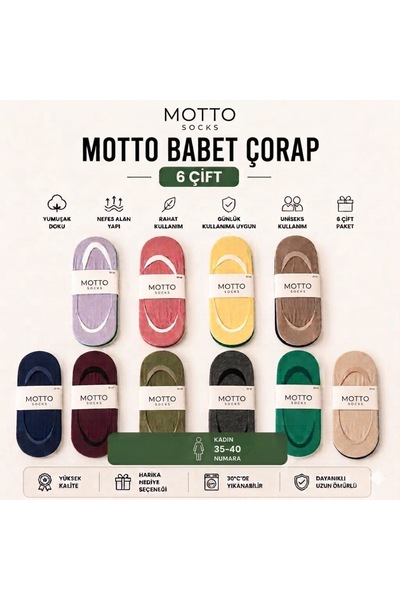 Genel Markalar Motto Socks Kadın Babet Çorap 6 Çift Set 35-40 Numara Renkli G...