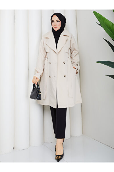 RACE FASHİON Apolet Detailed Belted Buttoned Pocketed Hijab Trench Coat Rc3145