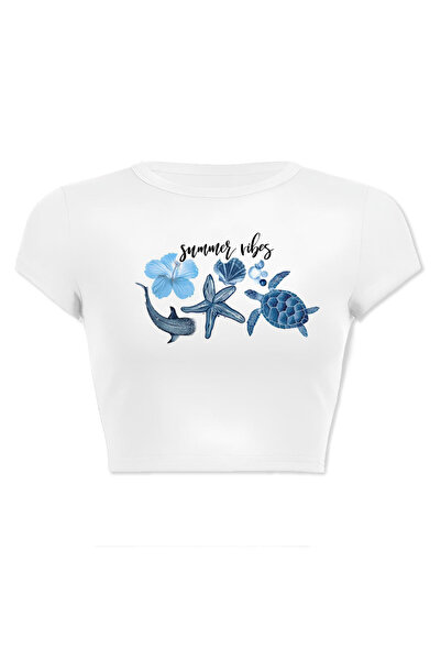 designedfy Kadın Summer Vibes Baskılı Pamuklu Crop Beyaz