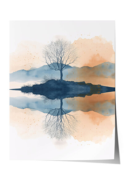 Zestia Poster Premium cu acuarelă minimalistă, Siluetă de copac în oglindă, N...