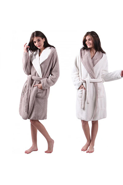 JEMIDI Halat de baie reversibil pentru femei, M, Bej / Alb, Poliester, 55057....