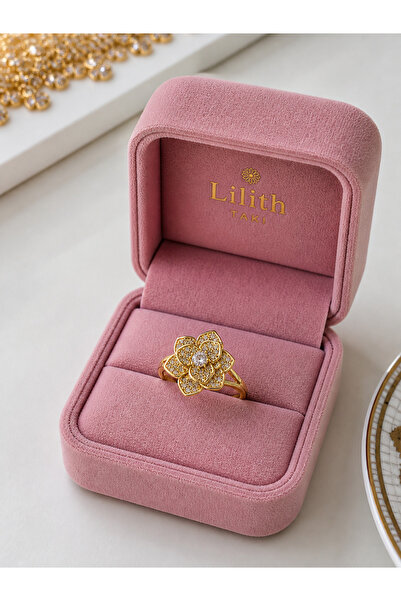 Lilith Takı Women's Stress Ring with Stones, Flower Model, Movable Rotating H...