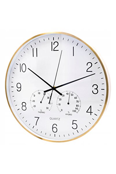 NO BRAND Ceas de perete pentru living/bucătărie, mare, 38 cm, auriu, cu termo...