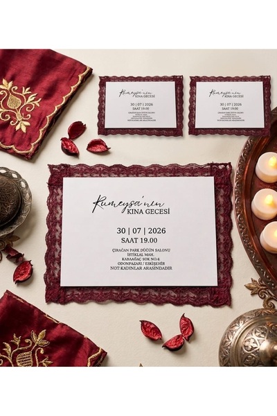 ByDeryaEvent Dantelli Düğün Nişan Kına Davetiyesi 10*15 Boyutunda 50 Adet