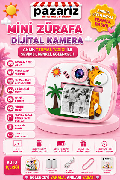 pazariz Çocuk Dijital Kamera Zürafa Temalı Termal Yazıcılı 2.4 İnç Ekran Fotoğraf Video Selfie 3 Oyunlu Anında Baskı Makinesi Print Kamera Çift Kamera, Silikon Kılıf