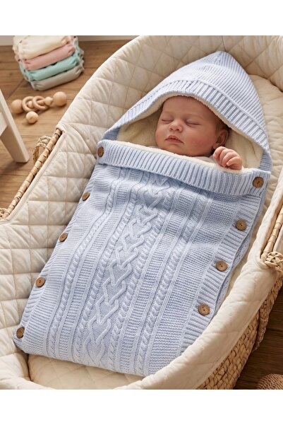 Ege Bebek Natural Knitwear Baby Swaddle with Welsoft Inside, Hooded, Buttoned...