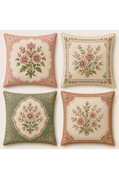 ayshome textile Ays Home Vintage Desenli Üst kalite 4'Lü Kırlent Kılıfı Seti Yatak Odası Salon (43x43)