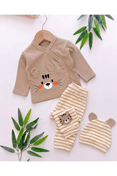 voyyo kids baby Baby Boy Striped Teddy Bear Printed Hat 3-Piece Newborn 0-3 M...