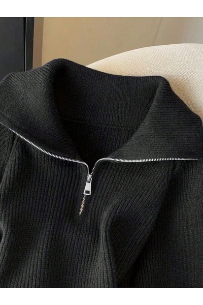 POİNE Women's Turn-Down Collar Oversize Thessaloniki Knit Zippered Sweater