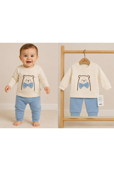 MINIMAI Papyonlu Ayıcık Nakışlı Omuz Çıtçıtlı Erkek Bebek Takımı