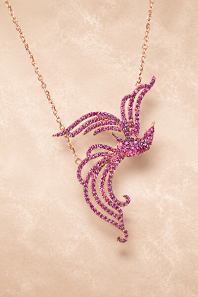 925 Ayar Gümüş Rose Gold Kaplama Pembe Anka Kuşu Kolye - Crimson Phoenix