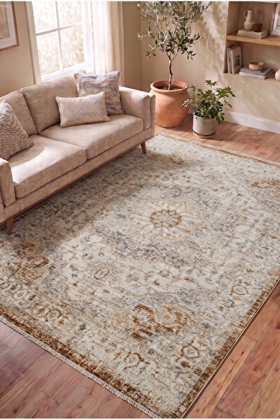 SERENZA HOME LİVİNG Vintage Kahve Krem Göbekli Eskitme Bambu Polyester Pamuk ...