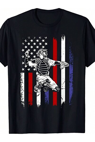 25W تي شيرت رجالي بطبعة Patriotic Catcher، مناسب ليوم الرابع من يوليو، قطعة و...