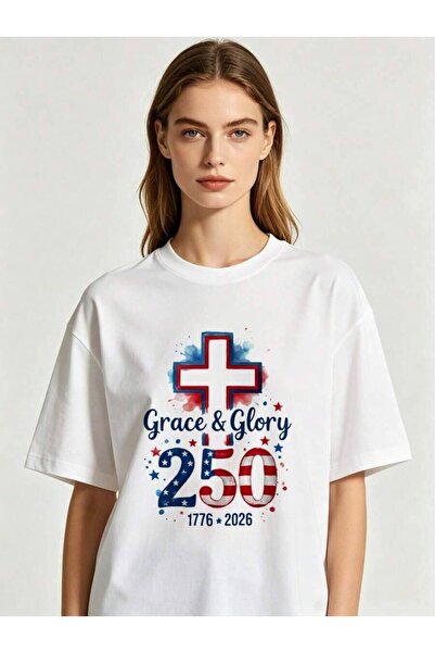 25W تي شيرت نسائي برقبة دائرية وأكمام قصيرة، مطبوع عليه Cross Grace & Glory 2...