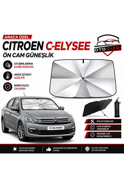 Oto Çizgi Citroen C-Elysee Şemsiye Tip Ön Cam Güneşliği Katlanabilir UV Korum...