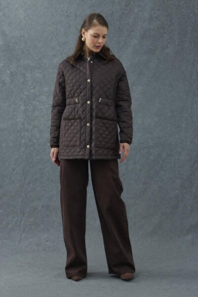 ELBEE Brown Quilted Coat with Suede Collar Detail and Adjustable Waist