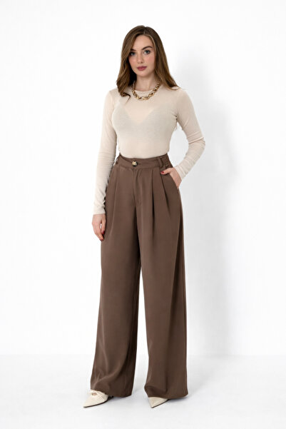 Elbee Fashion Woman Brown Pleated Comfort Pants