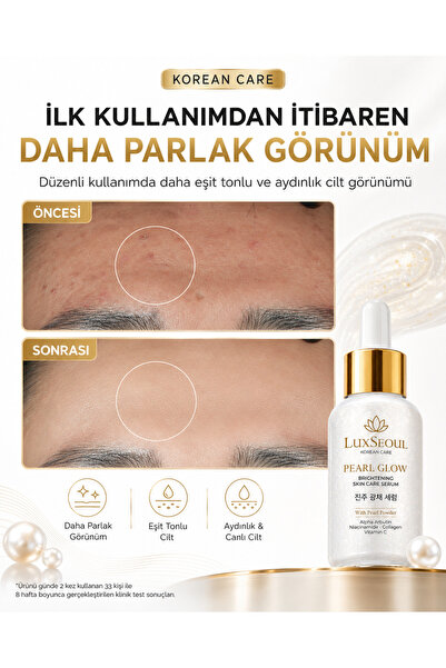 luxSEOUL Pearl Glow İnci Tozlu Aydınlatıcı & Leke Görünümü Karşıtı Serum 30 ml – Alpha Arbutin, C Vitamini, Niacinamide, Collagen