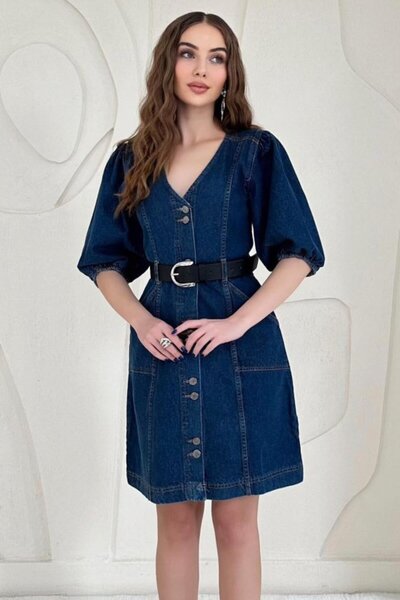 ELBEE Blue V-Neck Short Denim Dress