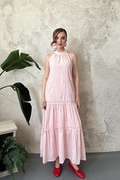 Elbee Fashion Woman Pink Guipure Detailed Layered Maxi Dress