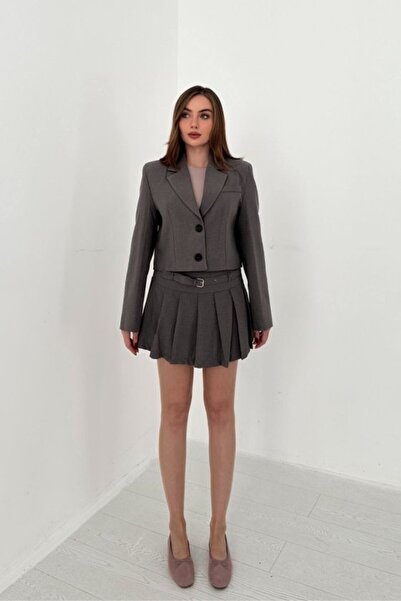 ELBEE Gray Bomber Jacket and Pleated Skirt Set
