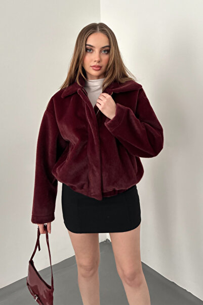 ELBEE Burgundy feathered bomber jacket with pocket detail