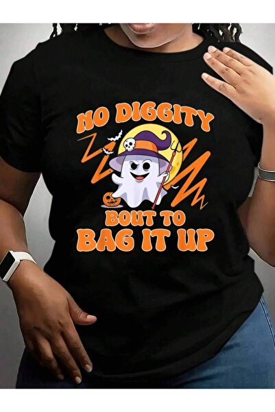 23ERVA Ghost No Diggity Bout To Bag It Up Halloween Black Graphic T Shirts Tee